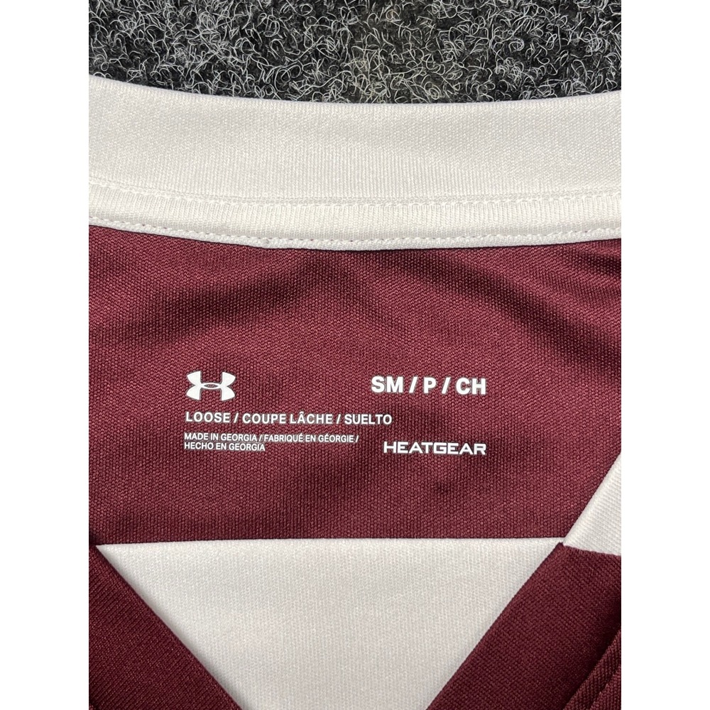 Under Armour HeatGear Mens Small Maroon White V-Neck Athletic Jersey Loose Fit - Picture 2 of 5